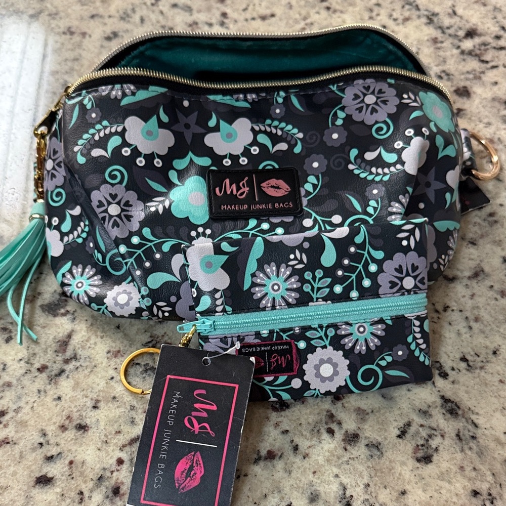 Makeup Junkie Sidekick Floral Bag Set - Black and Teal